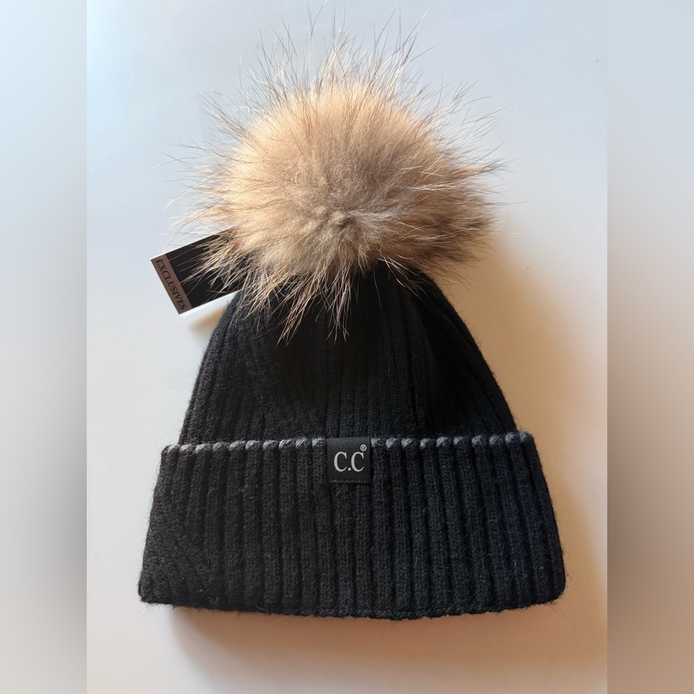 C.C Kids Black Beanie with Tan Faux Fur Pom
